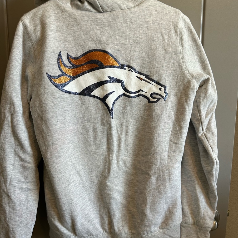 Worn PINK Broncos Sherpa lined full zip hoodie